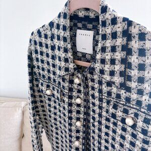 Sandro Navy and Cream Tweed Pearl-Front Jacket